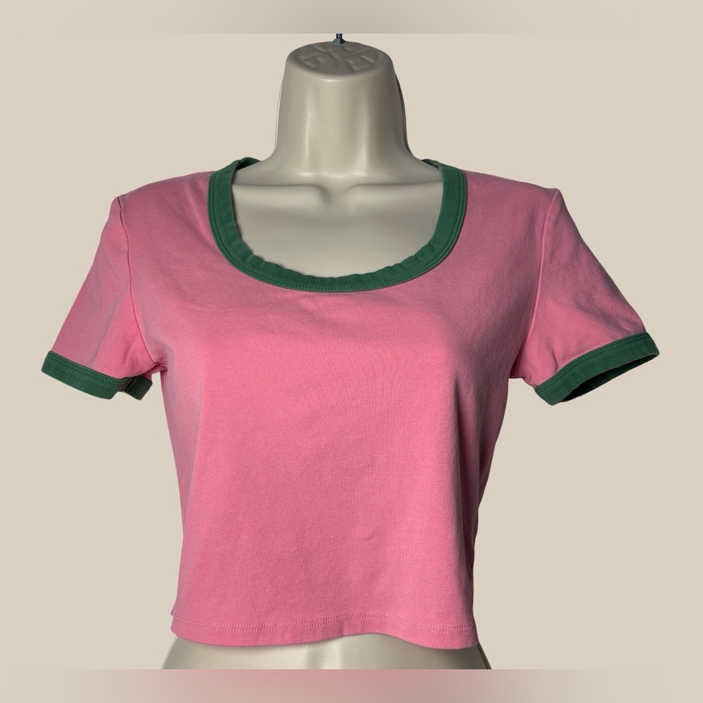 Urban Revivo Women’s U-Neck Skinny Cropped Tee, Pink With Green Trim, SZ M (6)